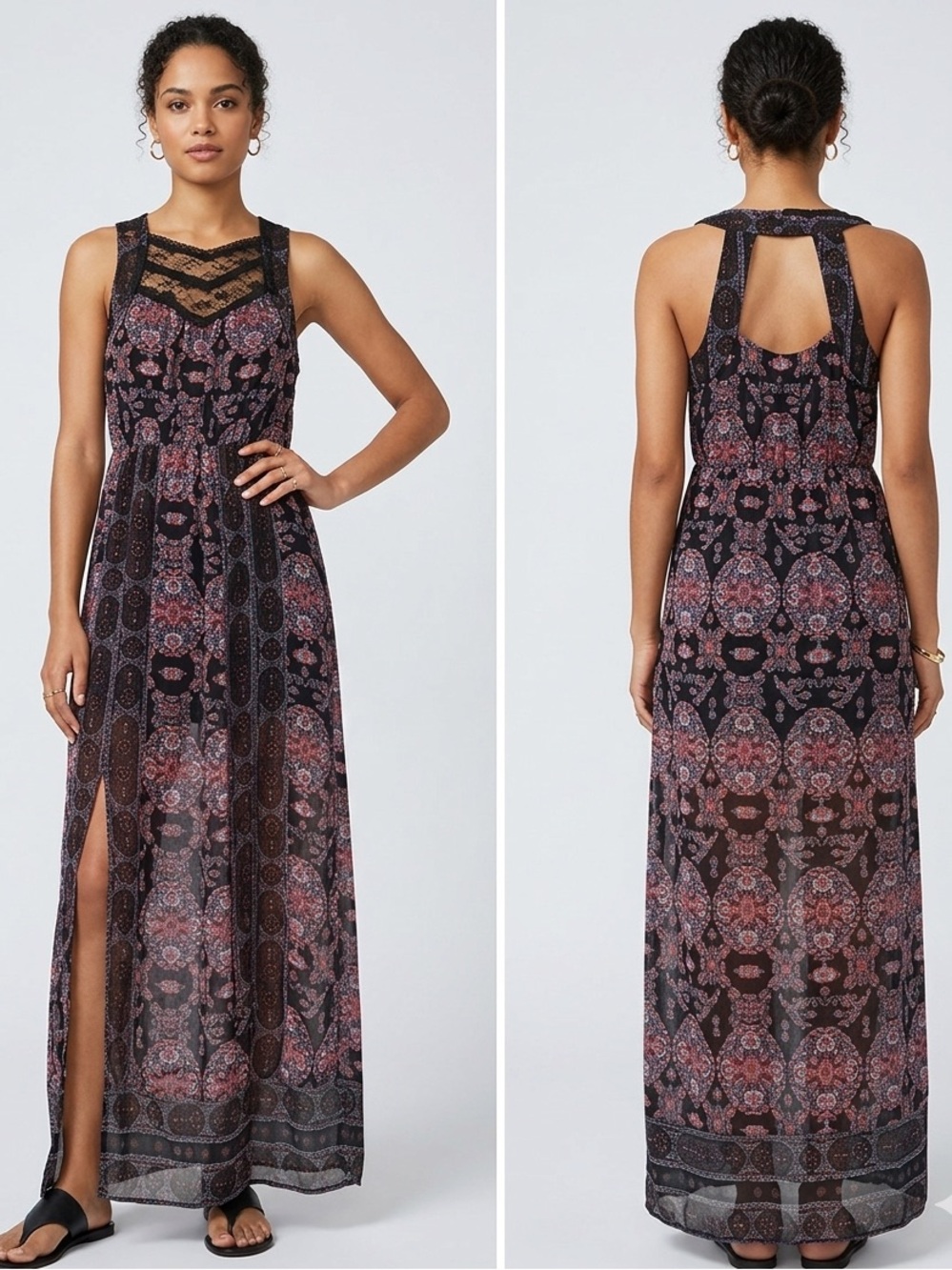 NWT Free People Moroccan Printed Maxi Biho Dress Black Combo Lace Split 12